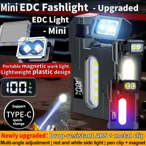 Miniatura 2 de Mini linterna EDC de 1200 lúmenes, súper brillante, 3 modos, mini EDC de tamaño de bolsillo, linternas planas recargables, luz doble LED ABS