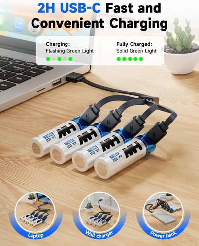 Miniatura 3 de HW Baterías recargables de litio AA, [1.5 V, paquete de 4 unidades], batería USB C de alta capacidad de 3600 mWh, carga rápida, 1000 ciclos