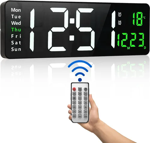 Reloj de pared digital grande, reloj de pared digital de 16 pulgadas con hora, fecha, temperatura, semana, temporizador, 12/24 horas, atenuación
