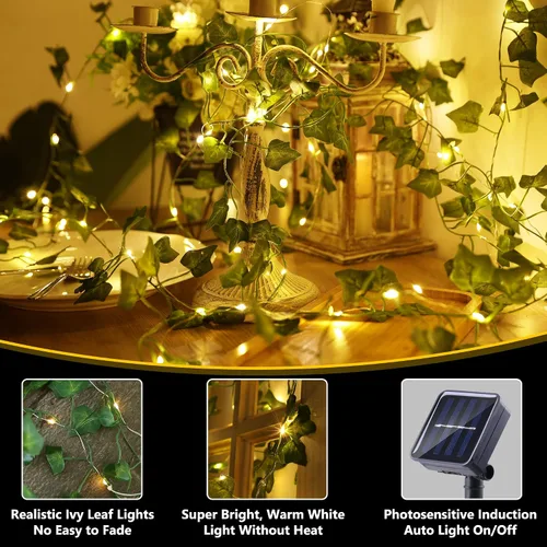 Miniatura 2 de Brizled Guirnalda de luces solares de vid de 33 pies, 100 luces LED solares, 8 modos, hojas de hiedra artificial, luces solares de vid, luces