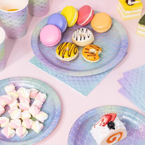 Miniatura 4 de Decoraciones de cumpleaños de sirena: 242 piezas de suministros para fiesta de Girs y juego de vajilla desechable (25 invitados), incluye platos