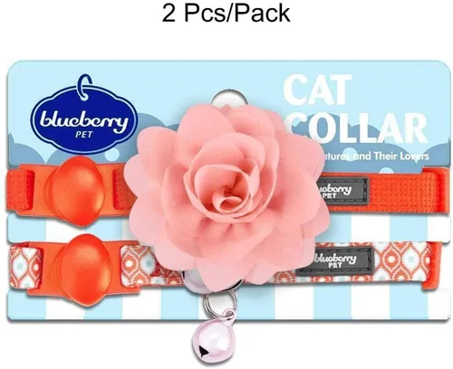 Miniatura 2 de Blueberry Pet Paquete de 2 collares de gato, The Flower Power Perfect Orange ajustable para gato con campana y flor desmontable, cuello de 9 a 13