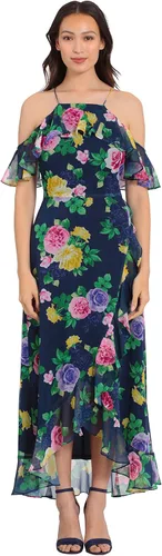 London Times Vestido largo con hombros descubiertos y cuello halter para mujer, con volantes femeninos, ocasión para invitada de fiesta en el jardín