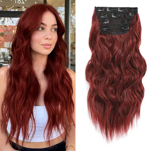 Miniatura 24 de NAYOO 4 piezas Extensiones de cabello con pinza, ondas largas y rizadas, sintéticas, gruesas, con fibra de doble trama, para mujeres, color cobre