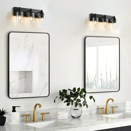 Miniatura 3 de LOUSACE Lámpara de tocador de baño de 3 luces, lámparas de baño negro mate sobre el espejo, iluminación moderna de baño con pantalla de vidrio