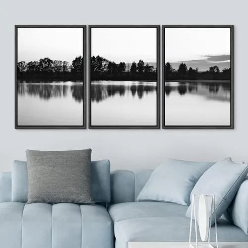 Miniatura 3 de NWT Juego de Arte de Pared de Lienzo Enmarcado Bosque Blanco y Negro Reflejo de Lago Paisaje Naturaleza Vida Silvestre Arte de Fotografía Rústico