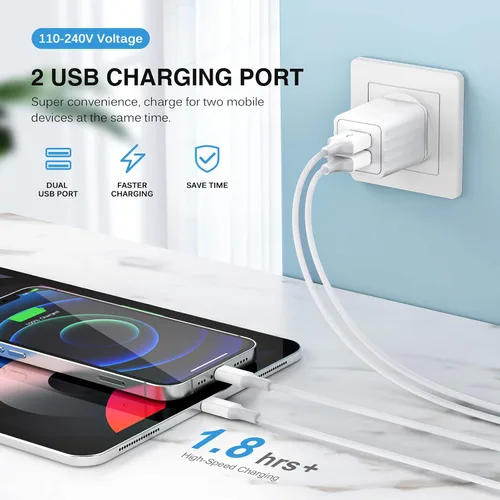 Miniatura 3 de Cargador rápido para iPhone, cargador de pared de doble puerto, paquete de 2 [certificado Apple MFi] de carga rápida de 10 pies, cable Lightning
