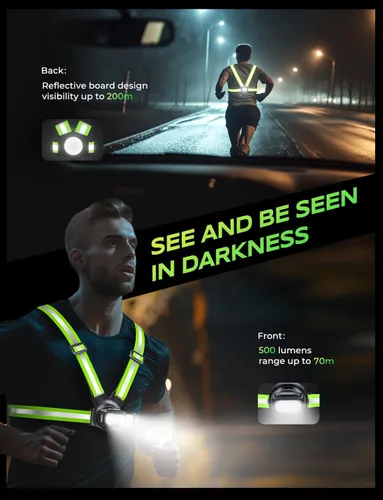Miniatura 2 de Viccux 500LM Luces de correr de alta visibilidad para corredores, haz ajustable de 45° y chaleco reflectante de 360°, luz de chaleco para correr