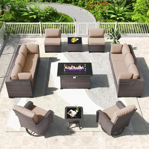 Miniatura 75 de Kullavik Juego de 13 muebles de patio al aire libre con mesa de fogata de gas propano de 43 pulgadas, 55000 BTU, mimbre de polietileno, sofá Arena