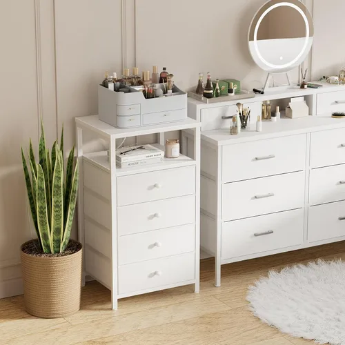 Miniatura 2 de BOLUO Cómoda alta con cajones, mesita de noche blanca con estación de carga y luz LED, cómoda pequeña de 4 cajones en blanco para dormitorio