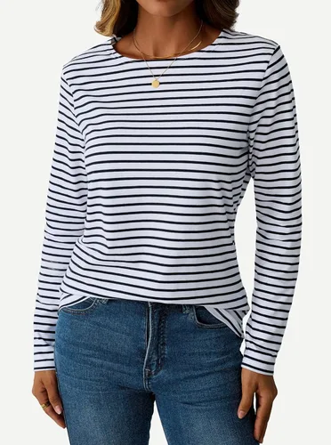 Miniatura 5 de LilyCoco Camisa de manga larga a rayas para mujer, cuello barco, camiseta de ajuste holgado Breton