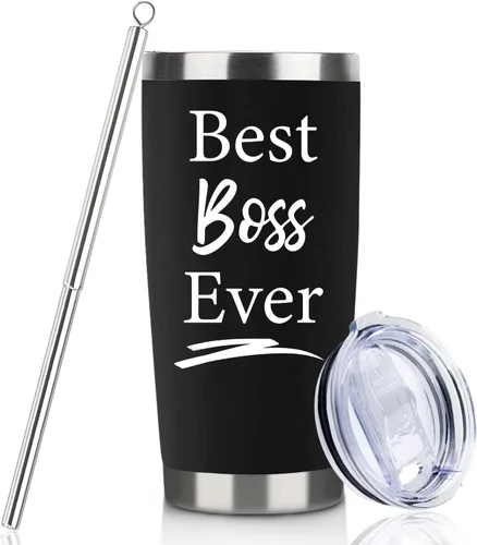 Regalos para jefes para hombres y mujeres, vaso de vino negro de 20 onzas con tapa y pajilla, perfecto para regalos del día del jefe, Navidad y
