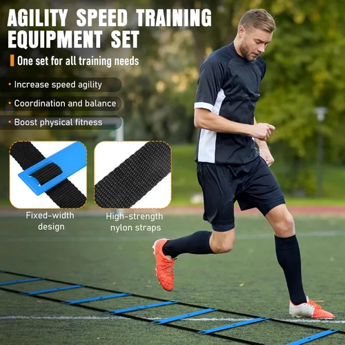 Miniatura 5 de MUROZA Agility Ladder, Agility Speed Training Equipment Set, 20ft Speed Ladder, 12 Soccer Cones, 4 Hurdles, Jump Rope, Running Parachute, Soccer Azul