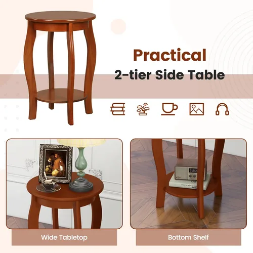 Miniatura 5 de Giantex Mesa auxiliar redonda, mesa auxiliar de madera con estante de almacenamiento, mesita de noche pequeña con patas de madera maciza, mesa Nogal