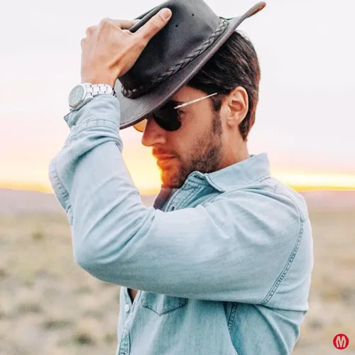 Miniatura 9 de Minnetonka Outback Sombrero de vaquero de ala plana para hombres y mujeres fabricado con cuero envejecido, alambre de acero oculto en el borde.