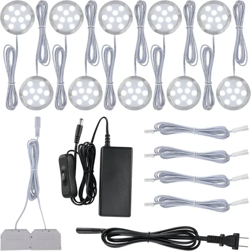 Kit de iluminación cableada para debajo del gabinete, luces LED de disco para vitrinas, enchufe de pared eléctrico de 120 V, caja de conexiones de