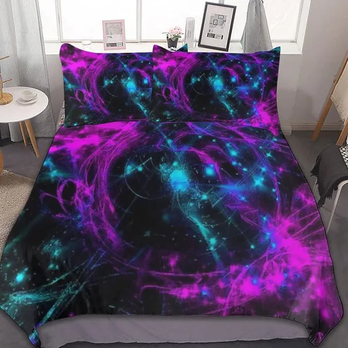 Miniatura 34 de Juego de 3 piezas de edredón neón que brilla en la oscuridad, funda de almohada de microfibra con cremallera para cama matrimonial, Queen