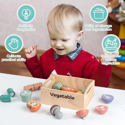 Miniatura 3 de Juego de 10 piezas de alimentos de madera de vegetales para cocina de niños, juguetes de corte de alimentos de madera, accesorios de cocina de juego