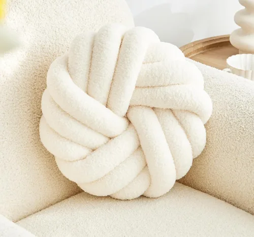 Almohada de Nudo Blanco Crema de 13.7'' Almohada Redonda Decorativa de Felpa Suave Almohada de Bola de Nudo Almohada Anudada Hecha a Mano Cojín
