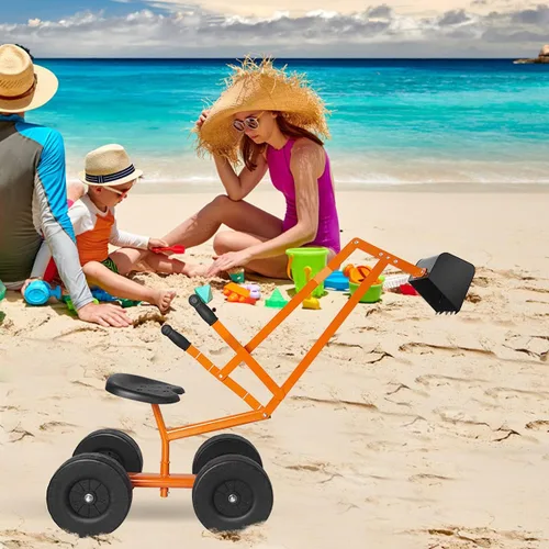 Miniatura 8 de Costzon Excavadora de arena para niños, excavadora de cuchara de excavación de acero resistente con asiento giratorio de 360°, 4 ruedas engrosadas