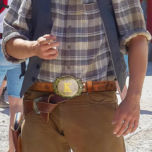 Miniatura 4 de RechicGu Cinturones occidentales para hombres y mujeres, letra inicial con hebilla grande con cuero marrón de cuerno largo, cinturón vaquero grabado