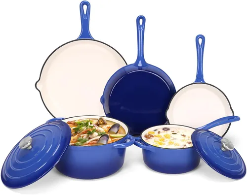 Miniatura 16 de QuliMetal Juego de utensilios de cocina de hierro fundido esmaltado antiadherente, sartén - juego de 7 piezas de ollas y sartenes con tapa, olla