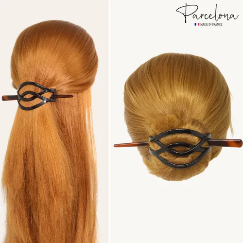 Miniatura 5 de Parcelona French Twist Tortoise Shell Brown Chignon Cola de caballo titular de pelo deslizante Pin Thru Hair Barrette con palo para mujeres y niñas