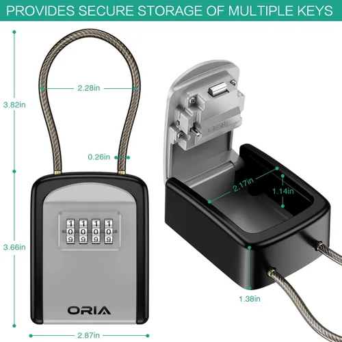 Miniatura 4 de ORIA Caja de bloqueo de llave, caja de seguridad de combinación de 4 dígitos, caja fuerte para llaves, capacidad de 5 llaves con cadena extraíble