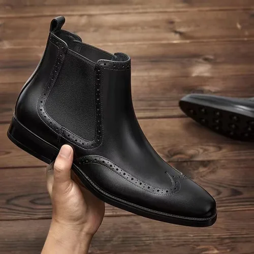 Miniatura 4 de FRASOICUS Botas Chelsea para hombre, botas de vestir de cuero genuino para hombre