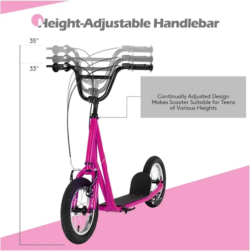 Miniatura 3 de Goplus Patinete juvenil con ruedas llenas de aire de 12 pulgadas, marco de acero al carbono, manubrio ajustable, frenos dobles delanteros y Rosa