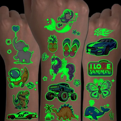CHARLENT 300 estilos de tatuajes que brillan en la oscuridad para niños, 36 hojas de estilos mixtos, tatuajes temporales luminosos para niños y