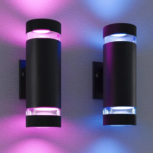 wowlite Paquete de 2 luces RGB arriba y abajo para exteriores, luces de porche trasero, lámparas de pared al aire libre, control de aplicación WiFi,