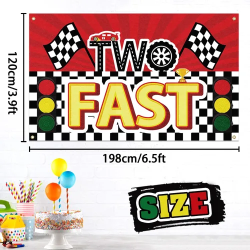 Miniatura 2 de Cartel grande de 2º cumpleaños para niños con dos decoraciones rápidas, cartel grande de 2º cumpleaños con temática de carreras, cartel