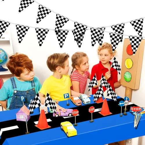 Miniatura 7 de Irenare 3 hojas de suministros para fiesta de cumpleaños de automóvil, decoraciones de fiesta de carreras, mantel de camino de mesa de carreras, Azul