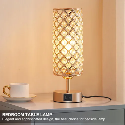 Miniatura 6 de Lámpara de mesa de cristal, lámpara dorada para dormitorio con puertos de carga USB-C y USB-A, luz regulable de 3 vías con pantalla de cristal
