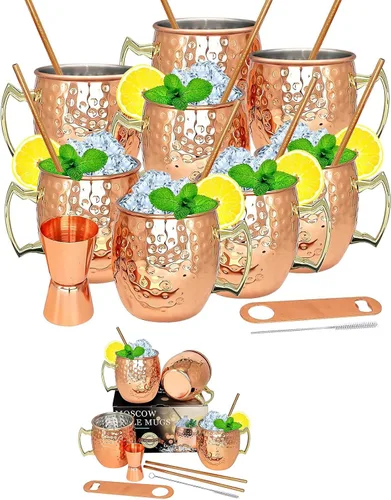 LINALL Moscow Mule - Juego de 4 tazas de cobre y juego de 8 tazas de acero inoxidable chapadas en cobre de 18 onzas, para bebidas frías (12 piezas)