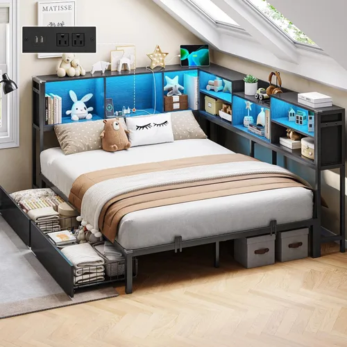 Miniatura 15 de DICTAC Marco de cama esquinero tamaño individual con almacenamiento y luces LED, plataforma de metal con 2 cajones y estación de carga, cama