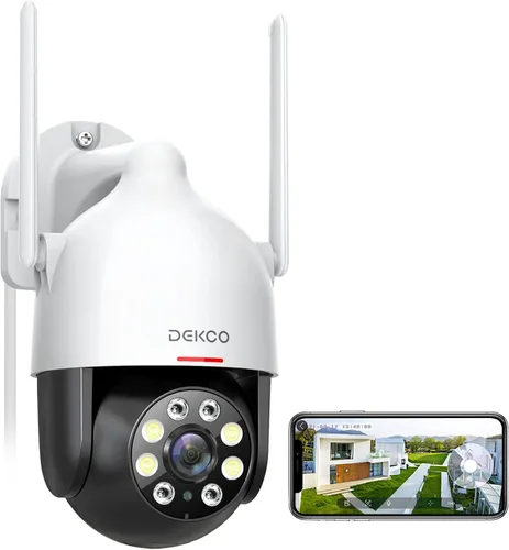 DEKCO - Cámara de seguridad 2K de domo para exteriores, con WiFi visión 360° panorámica/inclinada, 3MP detección de movimiento y sirena, audio de 2
