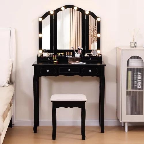 Miniatura 7 de Escritorio de tocador con espejo y luces, juego de tocador blanco para niñas con espejo y taburete acolchado, mesa de tocador de maquillaje