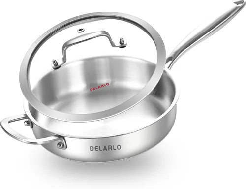 DELARLO Sartén de Acero Inoxidable de Tres Capas de 3QT con Tapa, Sartén Profunda de 12 Pulgadas, Sartén Grande de Inducción, Sartén de Cocina, Apto