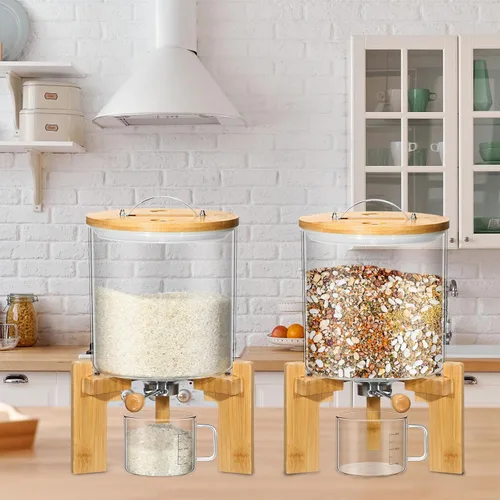 Miniatura 3 de Zhehao Dispensador de arroz de vidrio de 5 L, contenedor de almacenamiento de arroz, dispensador de cereales de harina, soporte con soporte