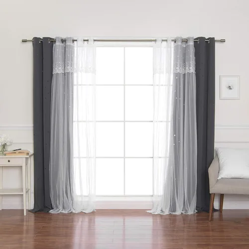 Miniatura 25 de Best Home Fashion Par de cortinas opacas con revestimiento de tul y corte láser, paneles de ventana con ojales plateados para dormitorio, habitación