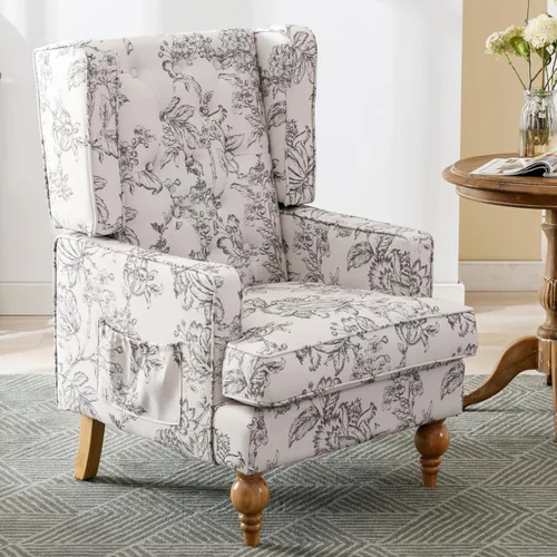 Ya-Home Silla decorativa Mid-Century con brazo tapizado, silla auxiliar de tela de lino con respaldo alto, patas de madera maciza, cómoda silla de