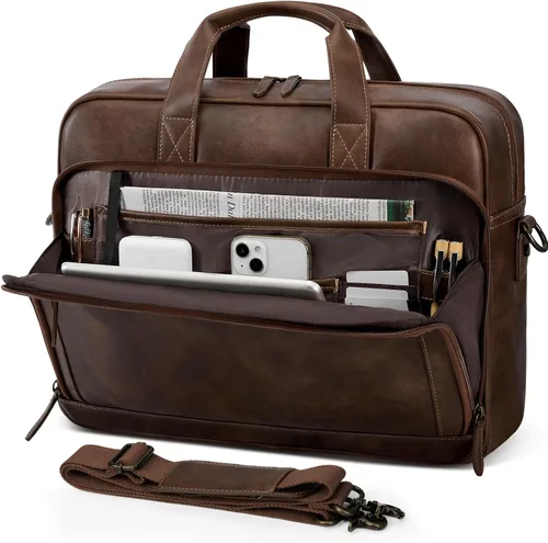 Miniatura 10 de RAINSMORE Bolsa de cuero para hombre de 16 pulgadas, bolso de mensajero vintage para hombre, bolso cruzado grande para el hombro, oficina, Madera