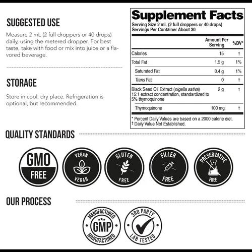 Miniatura 7 de Aceite de semilla negra líquido 5% Timoquinona - TQ-Advanced® Alta potencia - 100 mg por porción - Concentrado 15:1 de extracto de Nigella