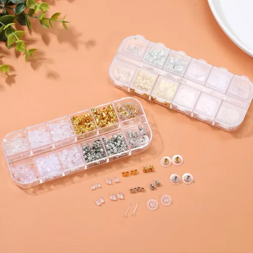 Miniatura 3 de Nkwuire 12 Estilos 600 Piezas Respaldos de Aretes para Pendientes, Respaldos de Aretes de Plástico Transparente Hipoalergénicos de Metal Caucho