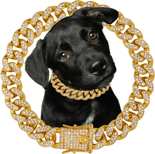 Collar de cadena de diamantes para perro, chapado en oro de 18K, cadena metálica para caminar de 12 mm de ancho con hebilla de seguridad, collar de