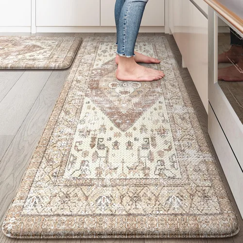 Miniatura 117 de KIMODE - Juego de 2 tapetes de cocina bohemios, antifatiga, antideslizantes, impermeables, ergonómicos, acolchados, cómodos, para lavandería, Caqui
