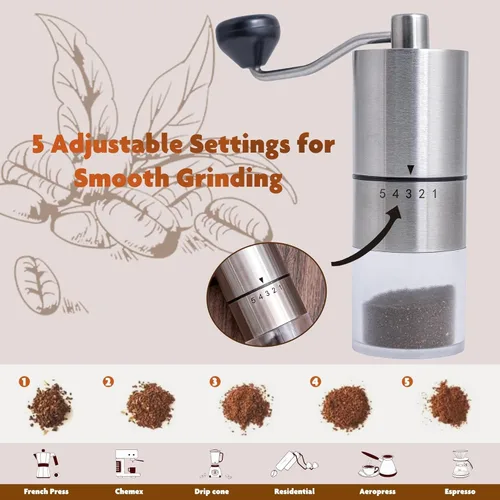 Miniatura 7 de Topadorn Molinillo de café manual con manivela, molinillo de granos de café portátil de acero inoxidable, molinillo de fresas ajustable