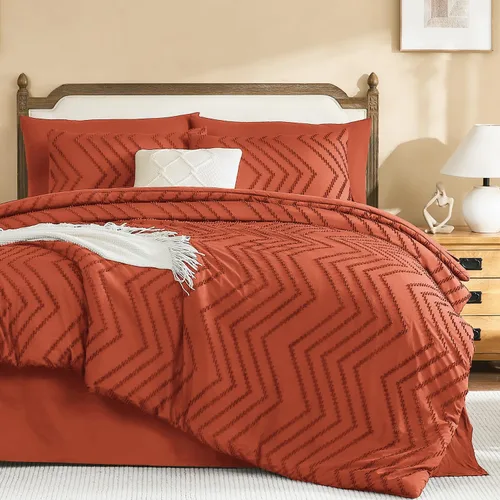 Miniatura 9 de Litanika Juego de ropa de cama con edredón tamaño King con sábanas beige - Juego de 7 piezas en una bolsa, diseño King Chevron copetudo bohemio